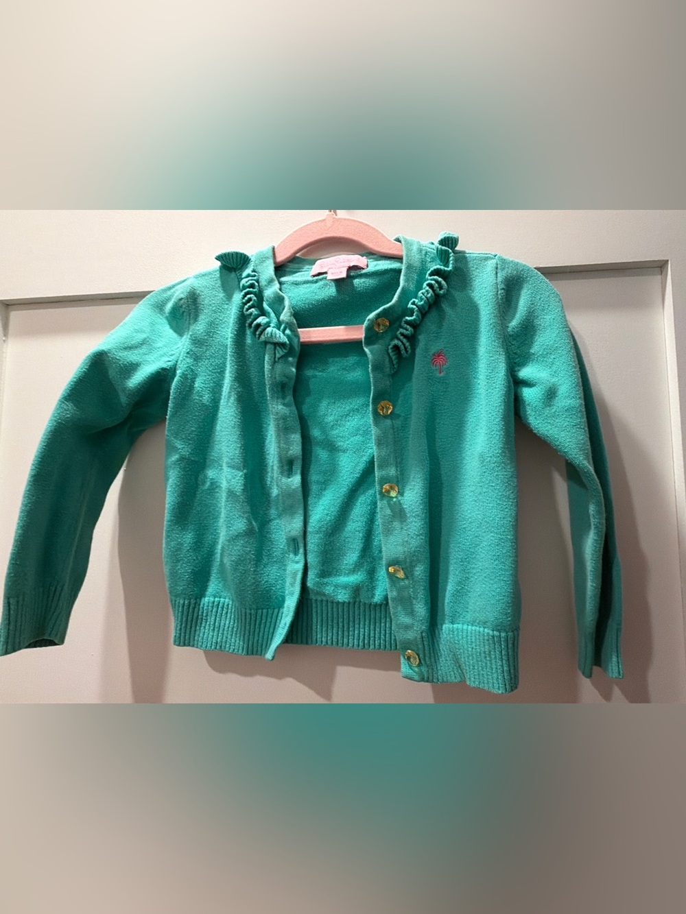 Lilly Pulitzer Girls' Teal Palm-Embroidered Cardigan